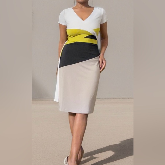 BCBG MAXAZRIA Colorblock V-Neck Dress with soft stretchy fabric and belt. - Picture 2 of 4